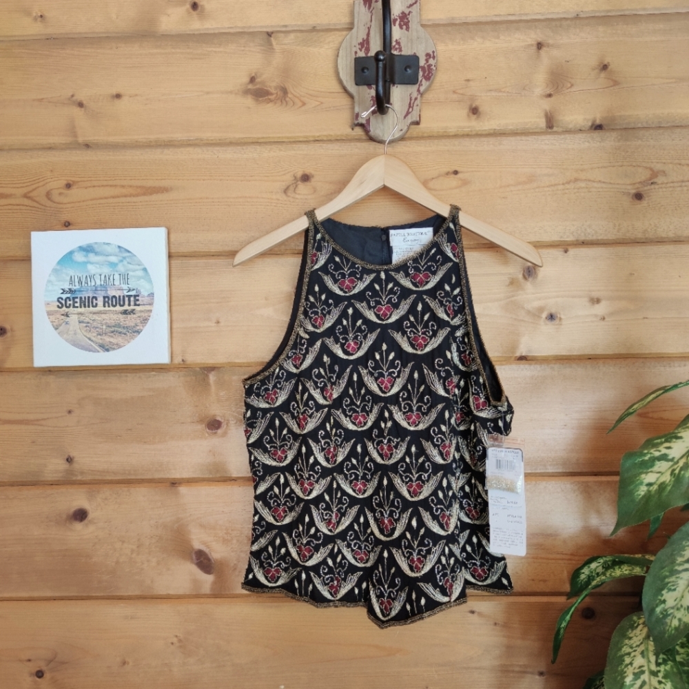 Papell 💜 NWT Boutique Evening Silk Halter Top Blouse Flower Basket Beaded Large